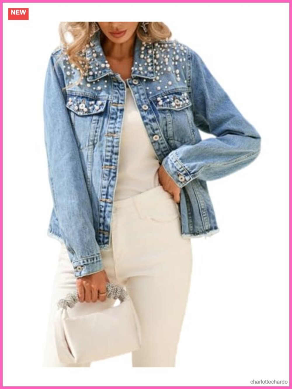 Pearl Denim Jacket Frayed Washed Button Up Cropped Jacket With Pockets